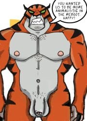 alien anthro appoplexian balls ben_10 biceps cartoon_network casual_nudity felid foreskin fur genericboxhead genitals hi_res humanoid_genitalia humanoid_hands humanoid_penis looking_at_viewer male mammal manly muscular muscular_anthro muscular_male navel nipples nude pantherine pecs penis rath_(ben_10) simple_background solo stripes teeth tiger