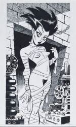 1woman belly_button black_hair black_hair_female breasts bride_of_frankenstein bruce_timm long_hair monochrome monster_girl nipples pubic_hair scars