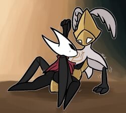2026 ambiguous_gender anthro arthropod black_body black_exoskeleton black_eyes blush cloak clothing exoskeleton female female/ambiguous female/nonbinary grey_body grey_exoskeleton grinding hollow_knight hollow_knight:_silksong hollow_knight_(franchise) hornet_(hollow_knight) larger_ambiguous larger_anthro no_pupils nonbinary_(lore) red_cloak red_clothing second_sentinel shaking size_difference smaller_anthro smaller_female spread_legs spreading team_cherry trembling ultilix white_eyes white_mask yellow_helmet
