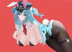 animal_ears azur_lane bare_shoulders black_leotard blue_hair breasts closed_mouth cum cum_on_body cum_on_breasts detached_collar fake_animal_ears fake_tail female gloves hat highres large_breasts lb-s_(114376589) leotard looking_at_viewer necktie neptune_(azur_lane) neptune_(officer_bunneptune_is_on_the_case!)_(azur_lane) official_alternate_costume pantyhose playboy_bunny police police_hat rabbit_ears rabbit_tail red_background red_necktie simple_background smile solo tail thigh_strap two_side_up white_gloves yellow_eyes