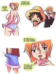 big_breasts bikini blush comic erect_penis erection fat_ass legs levfreakartist1 monkey_d_luffy nami one_piece orange_hair pink_nipples short_hair simple_background smile spanish_text text vinsmoke_sanji white_background