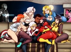 2boys 6girls all_fours armor_(x-men) ass ass_grab barefoot bikini black_hair black_male blonde_hair blue_eyes bodysuit boots breasts cleavage cleavage_cutout cutout dark-skinned_male dark_skin dress fantastic_four gloves gwen_stacy hairband hand_on_ass headband hips jessica_drew legs light-skinned_female long_hair male marvel mary_jane_watson mask mask_removed miles_morales multiple_girls salaiix short_hair sideboob silver_sable spider-man_(series) spider-woman spread_legs sue_storm swimsuit thighhighs thighs toes torn_clothes villain war_machine white_hair x-men