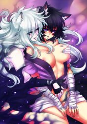 2girls animal_ears assisted_exposure aura banshee_(deathblight) bare_shoulders black_hair blank_stare breast_grab breasts crescentia deathblight grey_eyes groping large_breasts lips lipstick long_hair long_nails mind_control minori_(deathblight) multiple_girls nail_polish nipples no_bra no_panties no_pupils no_underwear open_clothes open_kimono possessed possession purple_background purple_eyes short_hair shorts silver_hair wolf_ears wolf_girl yuri