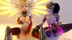 2girls 3d blender fritzhq hand_on_partner's_thigh hand_on_thigh masturbation mercy overwatch pinching_nipple pinching_own_nipple widowmaker