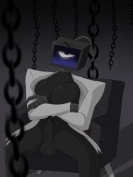 2d arms_crossed artist_request bedroom_eyes chains harley_sawyer legs_apart non-human one_eye penis poppy_playtime poppy_playtime_(chapter_4) sitting_on_chair suit testicles the_doctor_(poppy_playtime) tv veins