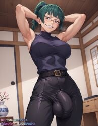 ai_generated armpit armpit_crease armpits belt black_pants brown_eyes bulge bulge_through_clothing bulge_under_clothes futa_focus futa_only futa_sans_pussy futanari glasses green_hair jujutsu_kaisen maki_zenin osirix pants self_upload sleeveless_turtleneck stable_diffusion turtleneck zenin_maki