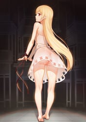 1girls ass bakemonogatari bare_shoulders barefoot blonde_hair brown_ribbon clothing dress female female_only from_behind highres jpeg_artifacts kizumonogatari long_hair looking_at_viewer looking_back monogatari_(series) no_panties oshino_shinobu pussy red_eyes ribbon shoutai_(7490773) sleeveless sleeveless_dress solo uncensored very_long_hair white_dress