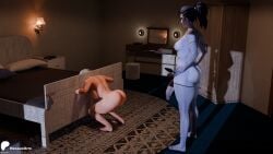 3d bedroom buttplug female fishnet_armwear fishnet_legwear futa_on_female futanari imminent_sex intersex mercy nyl_mercy nyl_widowmaker overwatch pillory presenting squatting widowmaker
