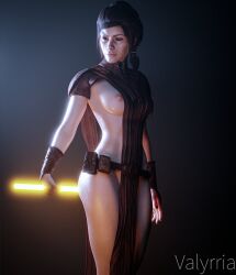 1girls 3d bastila_shan breasts brown_hair female lightsaber nipples solo star_wars valyrriansfw