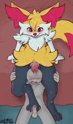 animal_genitalia anthro balls balls_on_head bite biting_lip blush blush_lines bodily_fluids braixen canine_genitalia dripping duo feet foot_fetish foot_focus foot_play footjob generation_6_pokemon genital_fluids genitals hi_res human interspecies knot looking_pleasured male male/male mammal nintendo paws penis pokemon pokemon_(species) pokephilia precum precum_drip sarcobutter sex smile