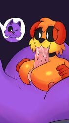 animal_genitalia breasts cat_penis catboy catnap_(poppy_playtime) dog_girl dogday_(poppy_playtime) fercholito furry furry_female furry_male poppy_playtime poppy_playtime_(chapter_3) simple_background sucking_penis sucking_tip titjob twitter twitter_username