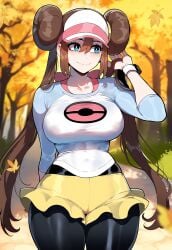 ai_generated blue_eyes breast brown-skinned_male brown_hair curvy dark-skinned_male huge_breasts juuicyai large_breasts long_hair massive_breasts narrow_waist pokemon rosa_(pokemon) shiny thick_thighs twintails wide_hips