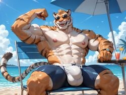 1boy ai_generated anthro beach big_bulge blush bulge bulge_through_clothing claws day daytime flexing folding_chair furry happy hi_res highres looking_at_viewer male male_focus muscles muscular_male outdoors outside sand side_view sitting smile solo sunglasses sweat sweatdrop sweating sweaty synthneon tiger tiger_ears veiny_muscles