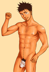 1boy brown_hair looking_at_viewer male_only nude penis smile solo testicles unplugged_line