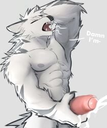 abs anthro arctic_wolf balls biped bodily_fluids canid canine canis claws closed_eyes cum cum_on_hand cumshot dialogue digital_media_(artwork) ejaculation english_text erection fangs foreskin fur fur_markings genital_fluids genitals glans grey_markings hand_behind_head hand_on_own_penis hand_on_penis hi_res humanoid_genitalia humanoid_penis kojiray male male_anthro mammal markings masturbation muscular muscular_anthro muscular_male nude nude_anthro nude_male open_mouth pecs penile penile_masturbation penis portrait profanity simple_background solo standing tail tan_background teeth teeth_showing text three-quarter_portrait white_body white_fur wolf