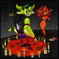 1boy 2010s 2017 arm_band body_markings candles clothed_male clothed_male_nude_female curled_hair digital_media_(artwork) ear_piercing english english_text female glasses goatee goblin goblin_female goblin_male goblin_sisters goblin_sisters_(j-madeye) green-skinned_male green_body green_hair green_skin horns hourglass_figure imminent_ritual imminent_sex imp_tail j-madeye jay-onjey_(goblin_sisters) jeans looking_back morry_morden nude_female occult_symbol original_character pentagram pinup_pose pointy_ears red-skinned_female red_body red_eyes red_hair regret ritual sandals sandals_only thick_thighs unimpressed uninterested uninterested_male vest wristband yellow_sclera