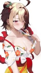 1girls bandaid bandaids_on_nipples female gigi_murin hololive hololive_english kimono kimono_down lessone multicolored_hair no_bra small_breasts tagme vtuber yukata