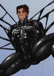 1boy average_penis black_eyes bondage brown_hair deimon21 erection goo latex male male_only muscular_male penis symbiote