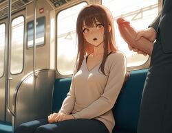 ai_generated big_penis embarrassed embarrassed_female exhibitionism exhibitionist exposed_penis flashing_penis huge_cock leaking_precum sexual_assault sexual_harassment small_breasts surprised surprised_expression train_interior