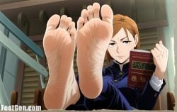 brown_eyes brown_hair feet feet_focus feet_on_table feet_together female foot_fetish foot_focus girl jujutsu_kaisen kugisaki_nobara looking_at_viewer reading reading_book sexy sexy_pose short_hair soles toes woman_only