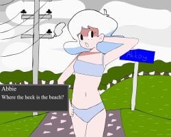 abbie_(mindwave) akköy akkoy bikini cloudy_sky confused forest_background gravel light-skinned_female mindwave sign utility_pole white_hair