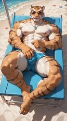 1boy above_view ai_generated anthro beach big_bulge blush bulge bulge_through_clothing claws day daytime folding_chair furry happy hi_res highres looking_at_viewer lying lying_on_back male male_focus muscles muscular_male outdoors outside sand smile solo sunglasses sweat sweatdrop sweating sweaty synthneon tiger tiger_ears veiny_muscles