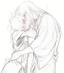 1boy 1girls blush canon_genderswap closed_eyes drooling embrace female fully_clothed genderswap_(mtf) ginko_sakata gintama gintoki_sakata hug japanese_clothes katsura_kotarou kimono kissing kissing llemonyyyy long_hair_male male passionate rule_63 short_hair sketch spot_color sweat very_short_hair