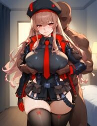 1boy 1girls ai_generated big_breasts breasts brown_hair dark-skinned_male female female_focus goddess_of_victory:_nikke grabbing_breasts grabbing_from_behind groping groping_breasts hat huge_breasts large_breasts rapi_(nikke) red_eyes thick_thighs thighs