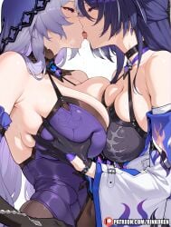 2025 2girls acheron_(honkai:_star_rail) ai ai_assisted ai_generated anime anime_girl anime_style artist_name big_breasts big_breasts black_swan_(honkai:_star_rail) breasts breasts choker drool drooling french_kiss french_kissing grabbing grabbing_breasts half-closed_eyes hand_on_breast hi_res high_quality high_res high_resolution highres honkai:_star_rail huge_breasts kissing large_breasts lesbian_kiss making_out patreon patreon_username plump_breasts purple_hair tongue_kiss uncensored veil violet_hair watermark white_background yuri yuri