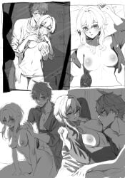 1boy1girl big_breasts black_and_white blonde_female blonde_hair breasts childe_(genshin_impact) eneuene genshin_impact groping_breasts lumine_(genshin_impact) panties_down sex_from_behind shirt sketch sucking_nipples tartaglia_(genshin_impact) tits_out window