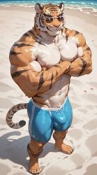 1boy above_view ai_generated anthro beach big_bulge blush bulge bulge_through_clothing claws crossed_arms day daytime furry happy hi_res highres looking_at_viewer male muscles muscular_male outdoors outside sand smile solo standing sunglasses sweat sweatdrop sweating sweaty synthneon tiger tiger_ears veiny_muscles