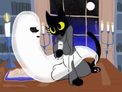 1boy 1girls 2016 animated black_fur clothed clothing dragonweirdo feline female fur ghost google_doodle halloween handjob holidays magic_cat_academy male mammal momo_(google) penis sex spirit straight yellow_eyes