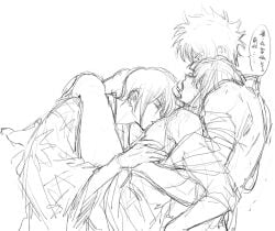 3boys blush closed_eyes finger_in_another's_mouth gay gintama gintoki_sakata implied_sex katsura_kotarou kimono leaning_back legs_over_partner's_shoulders licking llemonyyyy mmm_threesome monochrome no_visible_genitalia rough_sketch sketch takasugi_shinsuke threesome yaoi