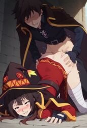 1boy 1girls ai_generated bottomless clothed_sex face_down_ass_up kono_subarashii_sekai_ni_shukufuku_wo! megumin partially_clothed sex straight top-down_bottom-up