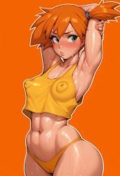 abs ai_generated areolae armpits arms_behind_head arms_up asymmetrical_hair bangs bare_arms bare_shoulders blush breasts cameltoe clavicle clothing covered_erect_nipples cowboy_shot crop_top curvaceous erect_nipples erect_nipples_under_clothes female female_only green_eyes kasumi_(pokemon) large_breasts looking_at_viewer medium_breasts midriff muscle navel nipples orange_background orange_hair pantsu pokemon pokemon_character pokemon_species ponytail see-through shiny shiny_skin shirt short_hair shorts side_ponytail simple_background sleeveless small_breasts solo standing stomach sweat tank_top thick_thighs thighs tied_hair underwear wet wide_hips yellow_shirt