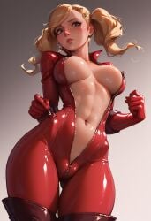 ai_generated ann_takamaki breasts latex_suit navel_piercing persona_5 skin_tight skindentation thigh_boots twintails undressing unzipped_bodysuit