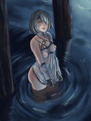 1girls ass black_hair_ornament black_hairband blue_eyes breasts covered_breasts female female_only gloves hair_ornament hairband high_resolution hips kaine_(nier)_(cosplay) legs nier nier:_automata nipples see-through short_hair silver_hair solo standing tagme thighs very_high_resolution wet white_hair yorha_2b