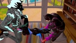 1girl2boys 2boys1girl anthro arms_above_head before_sex canine_penis cerberus cerberus_(fortnite) clothed curvy curvy_figure erection fortnite fortnite:_battle_royale furry glowing glowing_arms glowing_eyes glowing_tail holding_wrists laying_on_bed legs_apart legs_spread looking_at_another lynx_(fortnite) missionary missionary_position penis phantom_meowscles pinned_down pinned_to_bed sfm skinny source_filmmaker teasing threesome