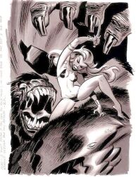 1girls beast belly_button bikini bikini_armor bruce_timm dagger female fighting_monster knife long_hair minibikini monochrome tagme