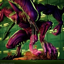 1:1 3d absurd_res alien alien_(franchise) blender_(artwork) bodily_fluids claws digital_media_(artwork) feet foot_on_face genital_fluids genitals hi_res leaking_precum paws penis precum predator_(franchise) prehensile_penis saliva saliva_string snakehead404 stepped_on stormrider text toes url xenomorph yautja