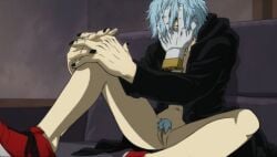 blue_hair blue_pubic_hair boku_no_hero_academia casual casual_nudity couch cuntboy cuntboy_only edit edited_screencap genderswap_(mtf) my_hero_academia pubic_hair pussy shigaraki_tomura sitting tomura_shigaraki