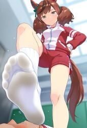 1boy ai_generated animal_ears barefoot dirty_socks dominant feet feet_focus feet_on_face female femdom foot_fetish hand_on_hip horse_ears horse_girl horse_tail looking_at_viewer nice_nature_(umamusume) smell smile socks sweat umamusume view_from_below viewer_pov