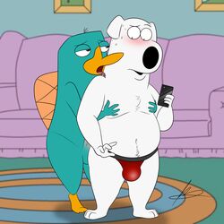 1:1 4_fingers absurd_res anthro balls barefoot beak blush booty_trio brian_griffin bulge canid canine canis clothing detailed_background disney domestic_dog duo erection family_guy fingers fur gay hi_res licking male male/male male_only mammal monotreme nude penis perry_the_platypus phineas_and_ferb platypus raymondfoxxx signature tongue tongue_out yaoi