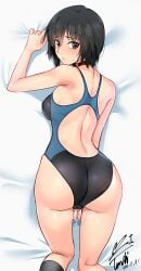 absurdres amagami armpit_crease ass back_cutout bare_arms bed_sheet black_eyes black_hair black_one-piece_swimsuit blush breasts clothing_cutout commentary_request competition_swimsuit female female_masturbation fingering from_behind highres kneepits looking_at_viewer looking_back lying masturbation masturbation_through_clothes median_furrow medium_breasts nanasaki_ai on_bed on_stomach one-piece_swimsuit short_hair signature solo stained_sheets sweat swimsuit thighs yoo_tenchi