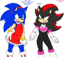 2016 2boys alternate_body_type amy_rose amy_rose_(cosplay) androgynous anthro clothed clothing crossdressing duo english_text eyeshadow femboy feminine_male habbodude hedgehog hi_res lipstick makeup male mammal rouge_the_bat_(cosplay) shadow_the_hedgehog sissyfication soina sonic_(series) sonic_the_hedgehog text