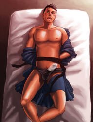 1boy bar_censor bed blush erection looking_away lying male_only penis restrained robe solo sweat undressing unplugged_line