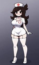 1female 1girls :d ai_generated big_breasts clothing female grey_background hand huge_breasts huge_thighs jaiden jaiden_animations jaidenanimations nurse nurse_clothing nurse_hat nurse_uniform smile smiling thighs trenchcoat