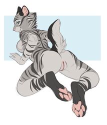 anthro ass demicoeur feline female from_behind_(disambiguation) fur furry furry_only kyra(ferofox) mammal nude pawpads pose post pussy saber-toothed_cat sabertooth_(disambiguation) solo stripes tail