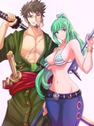 1boy 1girls 3:4 aqua_eyes aqua_hair bare_pectorals big_breasts bikini bikini_top_only breasts brown_hair clothing core_crystal cosplay cowboy_shot crossover crossover_cosplay facial_hair female goatee green_hair grin highres hourglass_figure katana large_breasts long_hair male nami_(one_piece)_(cosplay) one_eye_closed one_piece opalis opalisart over_shoulder pectorals pneuma_(xenoblade) ponytail rex_(xenoblade) roronoa_zoro_(cosplay) scar scar_across_eye scar_on_chest second-party_source simple_background smile swimsuit sword very_long_hair weapon weapon_over_shoulder white_background wide_hips xenoblade_(series) xenoblade_chronicles_2 xenoblade_chronicles_3 yellow_eyes