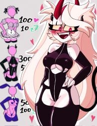 blushing charlie_morningstar_(hazbin_hotel) demon demon_girl demon_horns demon_tail hazbin_hotel latex latex_clothing strip_game thick_thighs thigh_strap thighhighs underboob